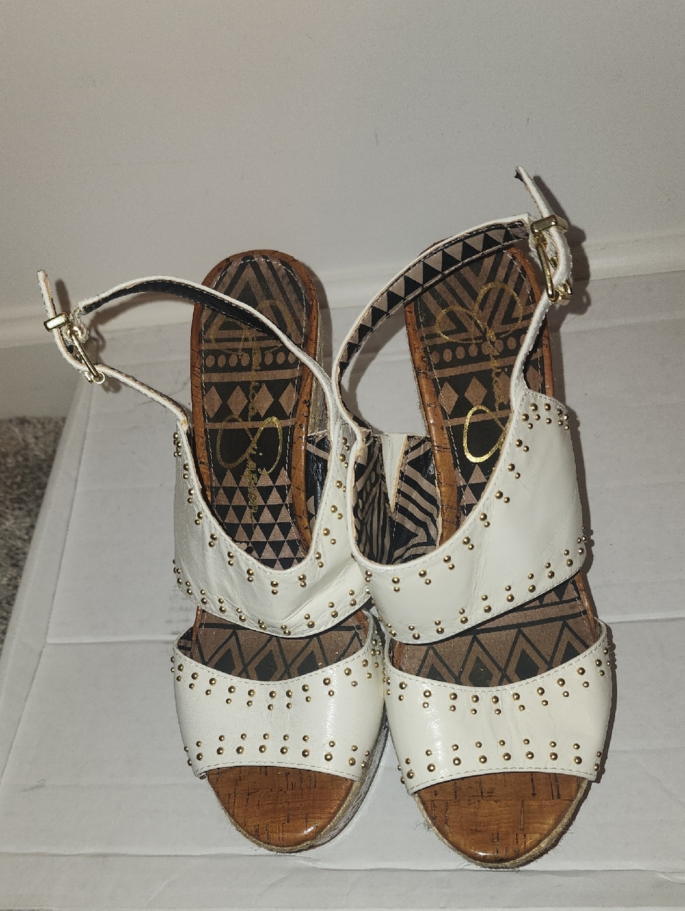 Jessoca Simpson Off White Studded Wedge Sandals with Ankle Strap
